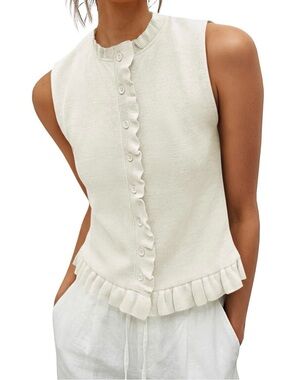 Ruffled Button Front Knit Sleeveless Sweater Top
